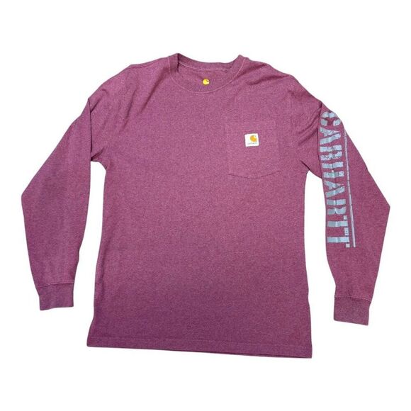 Carhartt Original Fit Long Sleeve Crewneck Spellout Pocket Shirt S Burgundy - Picture 1 of 4